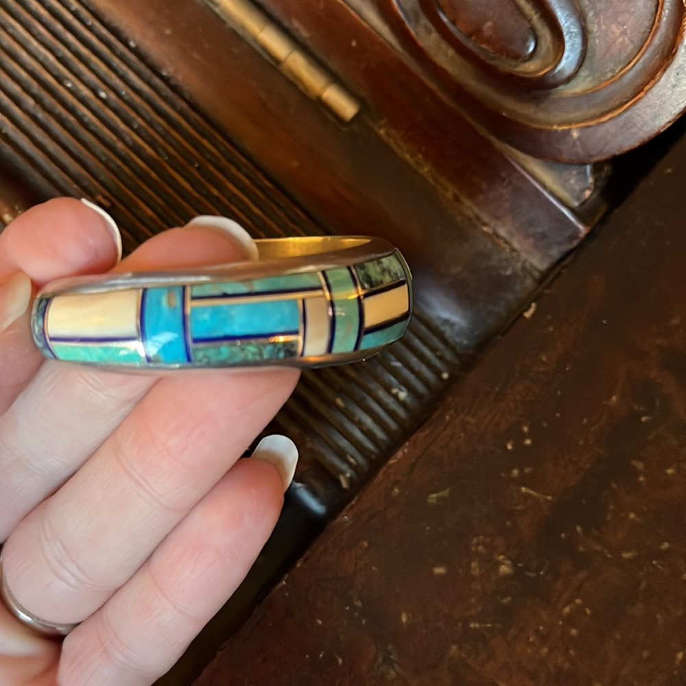 Vintage Native American Navajo Aaron Toadlena Turquoise Silver Inlay Bracelet - Picture 10 of 17